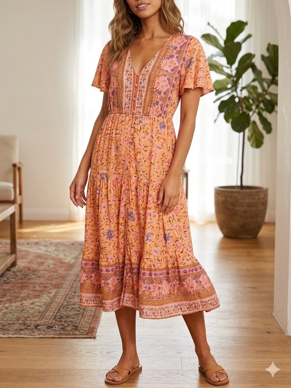 GAOVOT/ Orange FLORAL MIDI DRESS with Flutter Sleeves Sz L